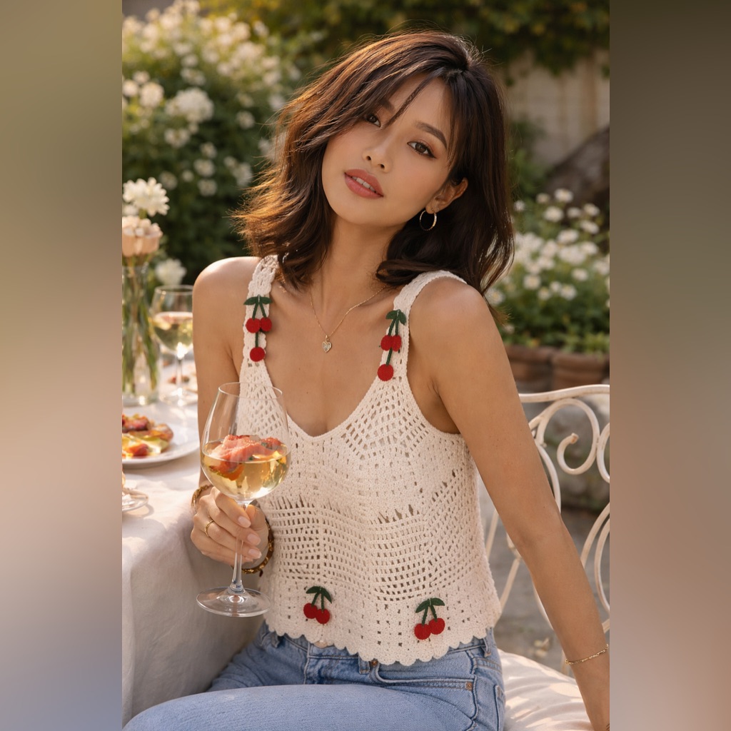 Rebellion Cream Crochet Tank Top With Cherry Appliqus